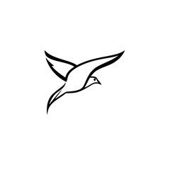 Minimalist graphic of a bird in flight; monochrome, isolated on white, simple line art, sleek.