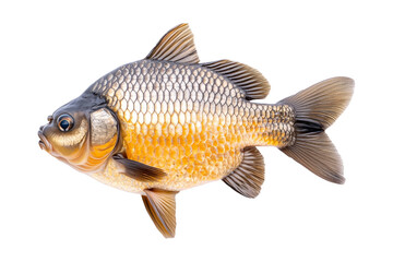 Fototapeta premium Closeup of fresh Crucian carp fish with detailed scales and fins, isolated on white transparent background