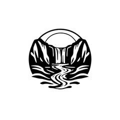 Minimalist Waterfall: a black and white illustration of a mountain range with a cascading waterfall, river and semi-circular shape.