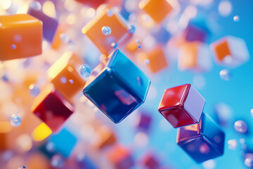 Colorful translucent cubes floating in a vibrant abstract background with bubbles and soft lighting effects. Generative AI