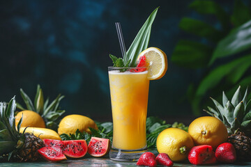 Refreshing tropical drink garnished with fruits and greenery in a vibrant setting. Generative AI