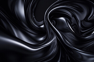 Swirling black fabric texture creating a dynamic and smooth visual flow in a dark setting. Generative AI