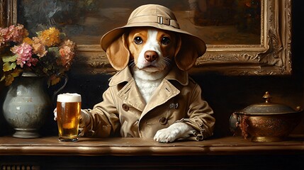 Dog Detective Enjoying a Beer at the Bar in Stylish Outfit