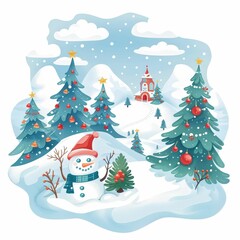 A snowman stands in front of a Christmas tree with a red hat on his head