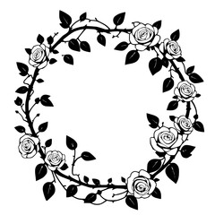 A circular floral composition of roses and leaves, in a minimalist black-and-white style.