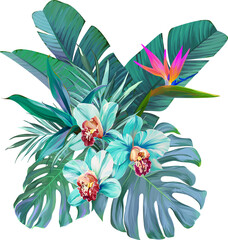 Obraz premium Bouquet of tropical flowers. Hibiscus, paradise flowers. exotic, tropical
