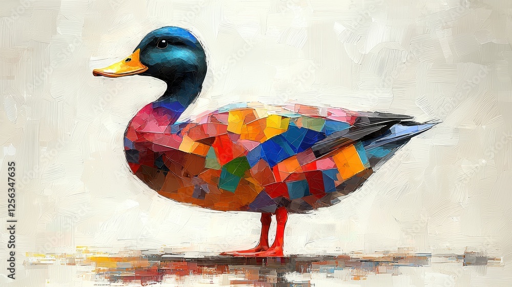 Poster a colorful, abstract representation of a duck standing on a surface.