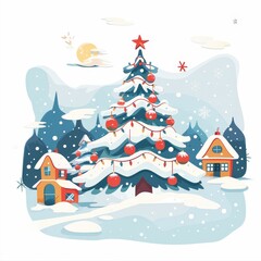 A Christmas tree with many ornaments is surrounded by houses and trees