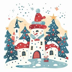 A snowman wearing a red hat stands in front of a Christmas house
