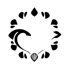 A symmetrical black and white circular illustration with multiple shapes.