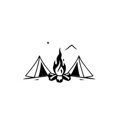 Camping Scene: Fire, tents, mountains, and star, minimalist black and white illustration.
