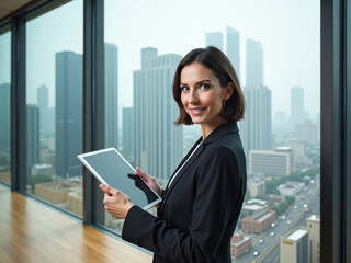 Mujer de negocios en una oficina moderna, sosteniendo una tableta con una pantalla en blanco, el horizonte de la ciudad visible a través de grandes ventanales detrás de ella 