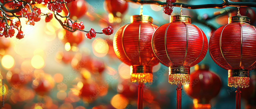 Poster vibrant red lanterns hanging from branches, glowing softly in a festive atmosphere with bokeh lights