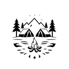Fototapeta premium A starry night landscape showing tents, mountains, and a campfire, creating a minimalist and evocative scene.