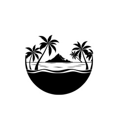 Obraz premium Tropical Paradise: Silhouette of Palm Trees and Mountain Under a Sunset Sky.