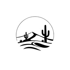 Desert sunset silhouette featuring cacti, minimalist landscape with mountains and a winding road.