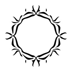 Circular, symmetrical black design on a white background, featuring stylized, curved lines.