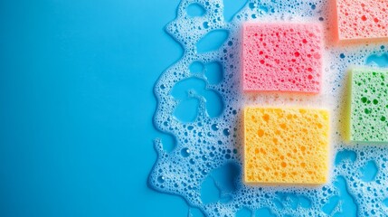 Household cleaning scrub sponges with soap foam and bubbles A kitchen dishwashing sponge on a blue background Cleaning home concept Space for text