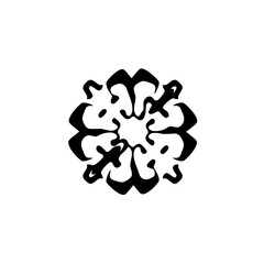 Black abstract snowflake design, on a white background, minimalist style, symmetrical, featuring a pattern.
