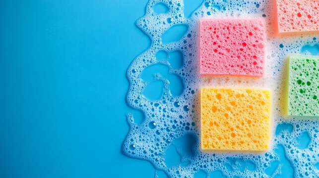 Household cleaning scrub sponges with soap foam and bubbles A kitchen dishwashing sponge on a blue background Cleaning home concept Space for text