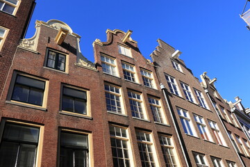 Amsterdam Zeedijk Brick House Facades with Blue Sky, Netherlands