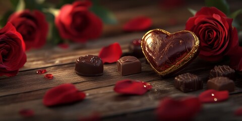 Golden heart-shaped luxury chocolate box with red roses and scattered chocolates on a rustic table for a romantic Valentine’s Day ambiance