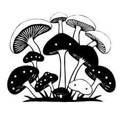 Black and white illustration of a mushroom patch, showing different types of mushroom, some with dots.