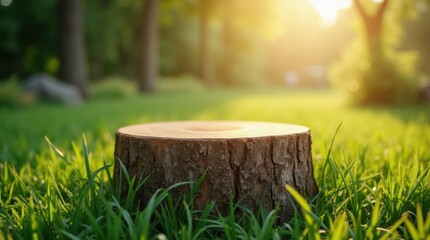 Fototapeta premium Rustic Wooden Tree Table Podium in Lush Green Farm Setting for Food Display