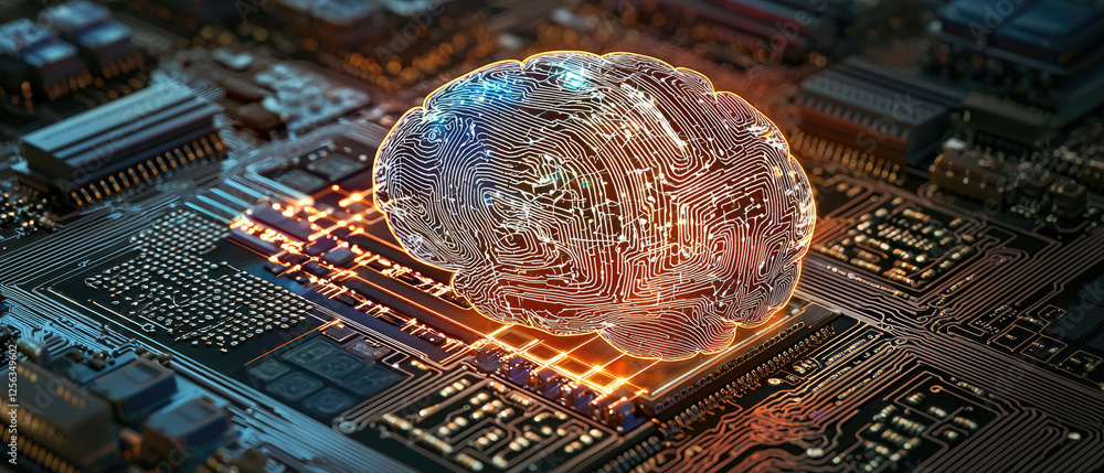 Poster futuristic representation of a brain on a circuit board, symbolizing ai technology and innovation