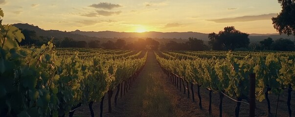 Obraz premium Sunset over lush vineyard with vibrant green grape vines