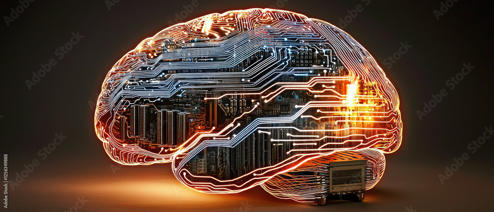 Poster futuristic digital brain with circuit patterns and glowing elements, symbolizing technology and inno