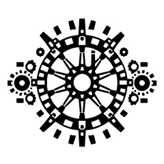 Futuristic circular design featuring interlocking geometric gears and radial spokes in black and white.