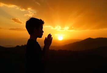 Prayer child worship God in the morning with a sunrise sky background
