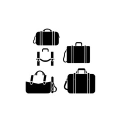 Elegant black and white silhouette composition of different types of luggage, including handbags and suitcases.
