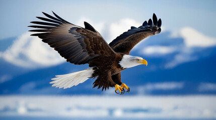 Bald eagle soaring against mountain backdrop