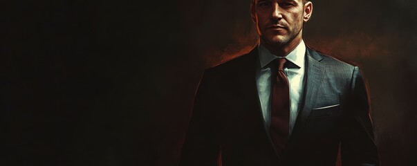 Fototapeta premium Confident mature caucasian male in dark suit with red tie in dramatic lighting