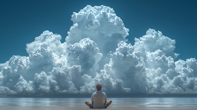 Man Meditating on Beach Facing Enormous Cloud Formation and Ocean