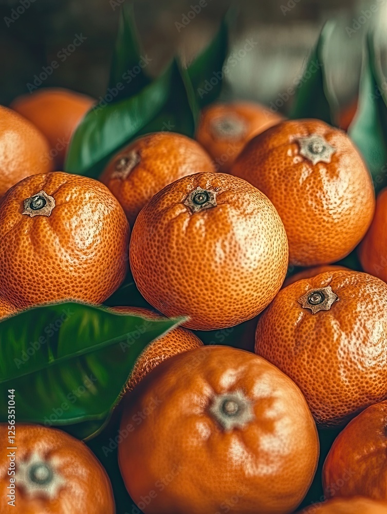 Poster Fresh Oranges With Green Leaves Create a Charming Harvest Display in a Rustic Setting
