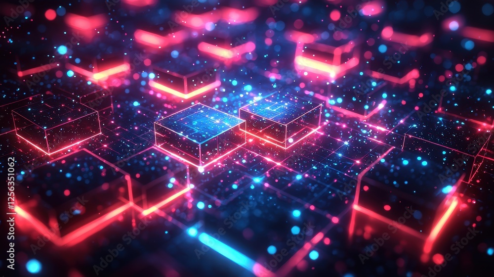Poster abstract digital landscape with glowing blocks and particles.