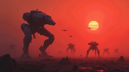 Futuristic Mech and Drone Warfare Under a Red Sky