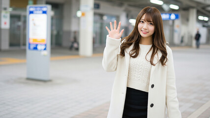 駅で手を振る親しみやすい笑顔の女性