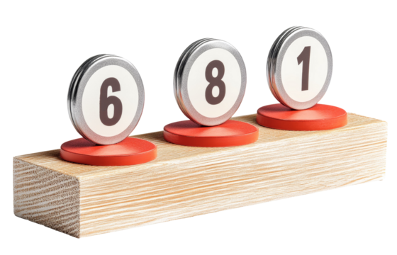 A wooden board with three red, white and silver numbered circles. The numbers are 6, 8 and 1