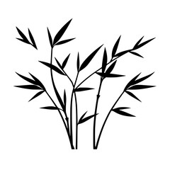 Black silhouette of a bamboo plant, showing minimalist style, in a crisp graphic style on a white background, with emphasis on contrast.