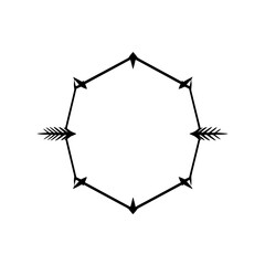 Black geometric octagon with arrow-shaped points within a white square.