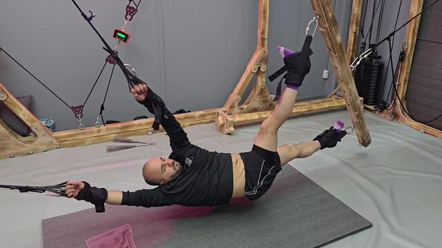 Athlete performing suspension training exercises in gym