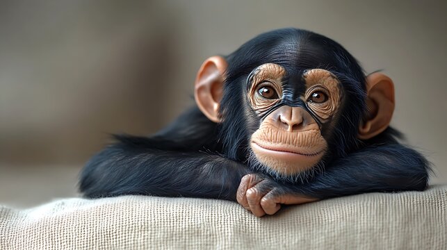 A realistic, closeup rendering of a young chimpanzee facing forward.