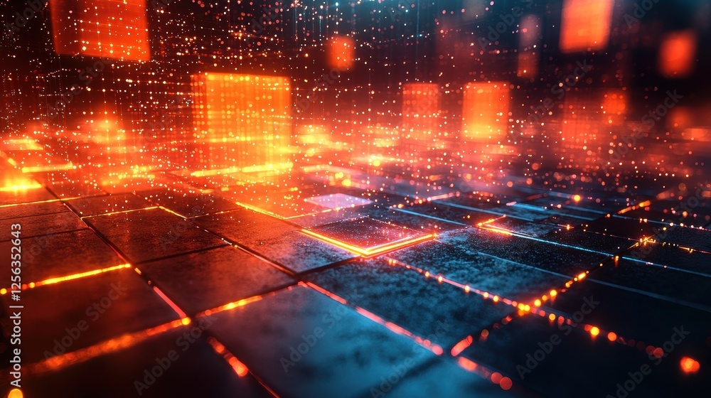 Poster a vibrant digital landscape with glowing cubes and data streams.