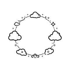 Circular cloud border with stars and arrows around a circle, isolated on white.