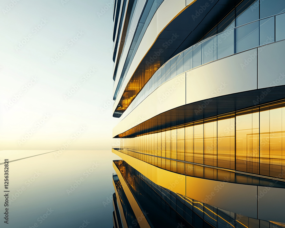 Poster modern architectural design featuring a sleek glass building with smooth curves and reflective surfa
