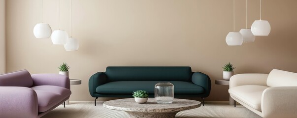 A sleek living room with three off-white sofas